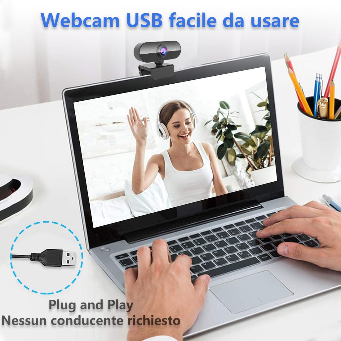 DDKJ Webcam Full HD 1080P con Microfono e Rotazione 360°, Telecamera PC per Videochiamate Zoom e YouTube USB Plug & Play Ideale per YouTube Streaming, Skype e Smart Working su Windows, Mac, Linux