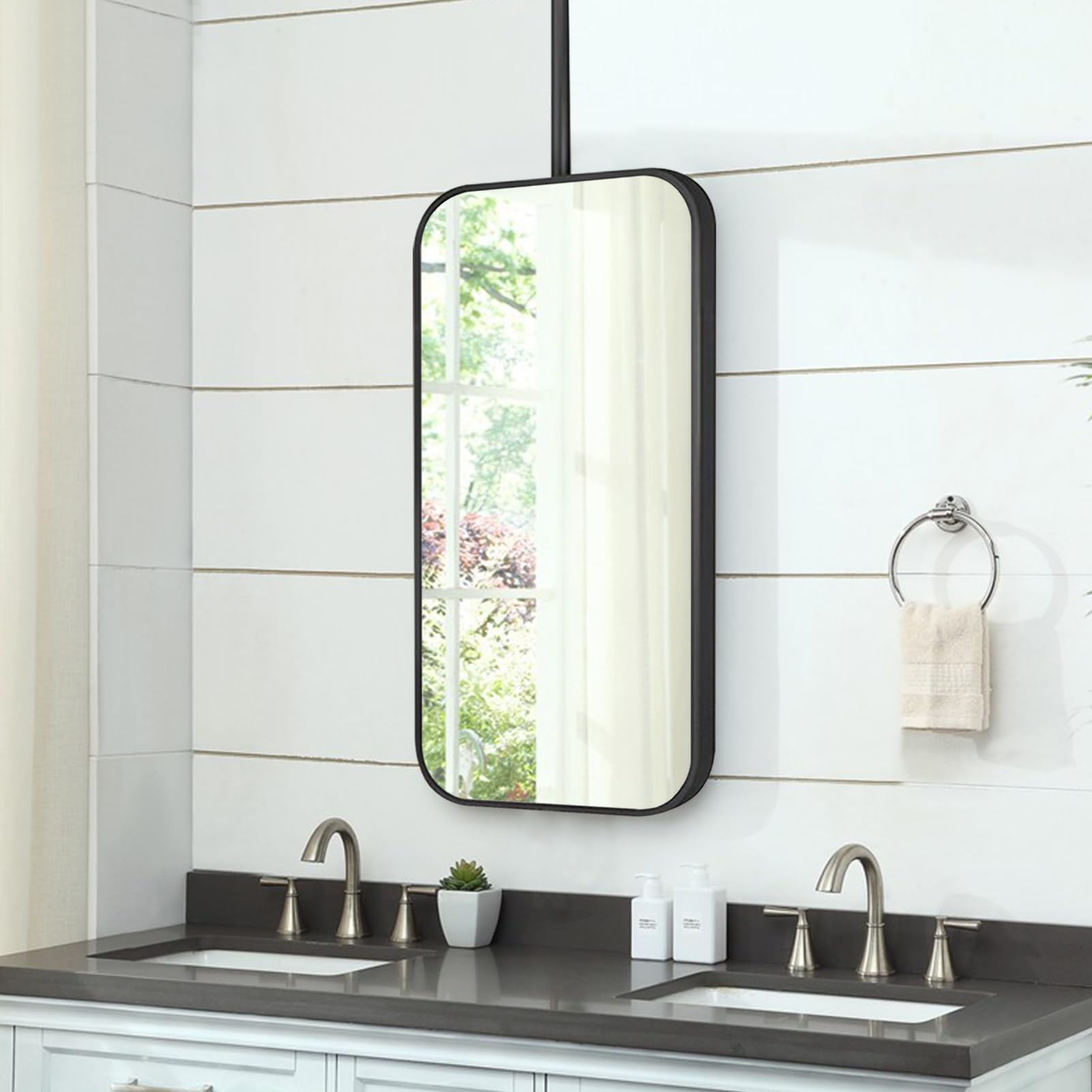 ITOSUI Modern Bathroom Mirrors, Floating Rectangle Mirror for Living Room Cloakroom, Hanging Pole Mirror on the Ceiling, Shaving Makeup Mirror Wall Mounted Decor Mirror(50cmx60cm)
