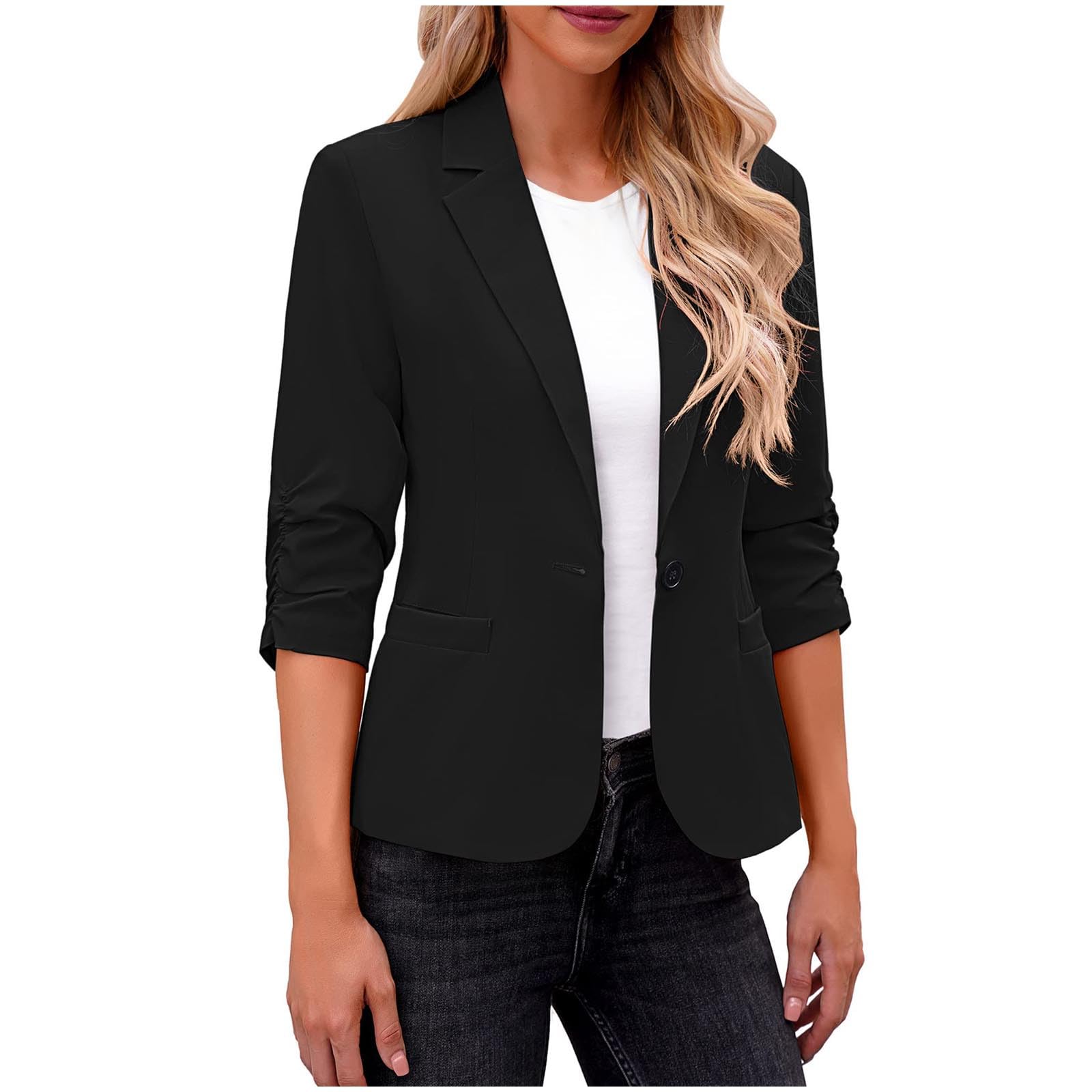 Womens Trendy Ruched 3 4 Sleeve Blazers Casual Business Blazer Button Open Front Work Office Suit Jacket with