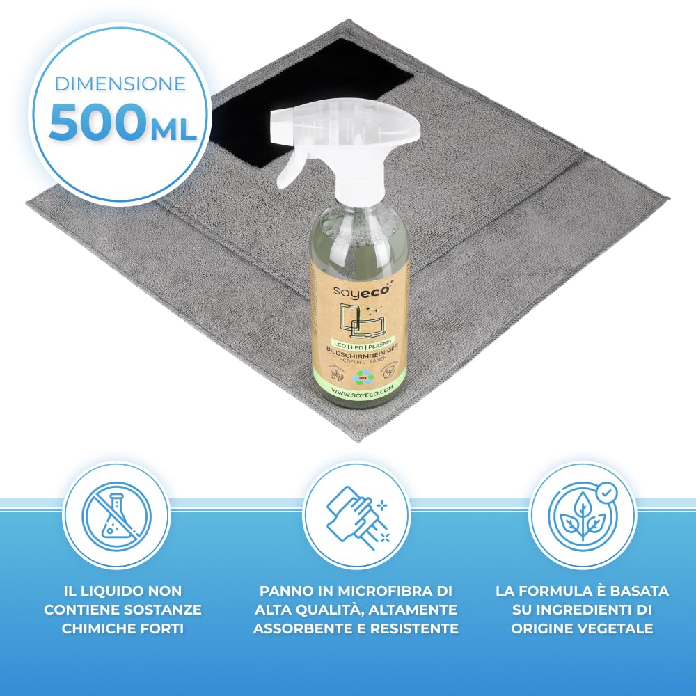 500 ml di Spray per la pulizia dello schermo + 3 panni in microfibra | Fluido per la pulizia | Per smartphone, laptop, tablet, TV, LCD/TFT, LED, OLED, monitor, orologi | Senza sbavature
