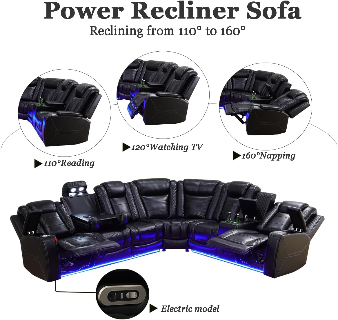 A Ainehome Black Modern Breathable Leather Reclining L-Shaped Sectional Sofa, Powered Recliner, USB & Wireless Charging, 7 Seater, Large
