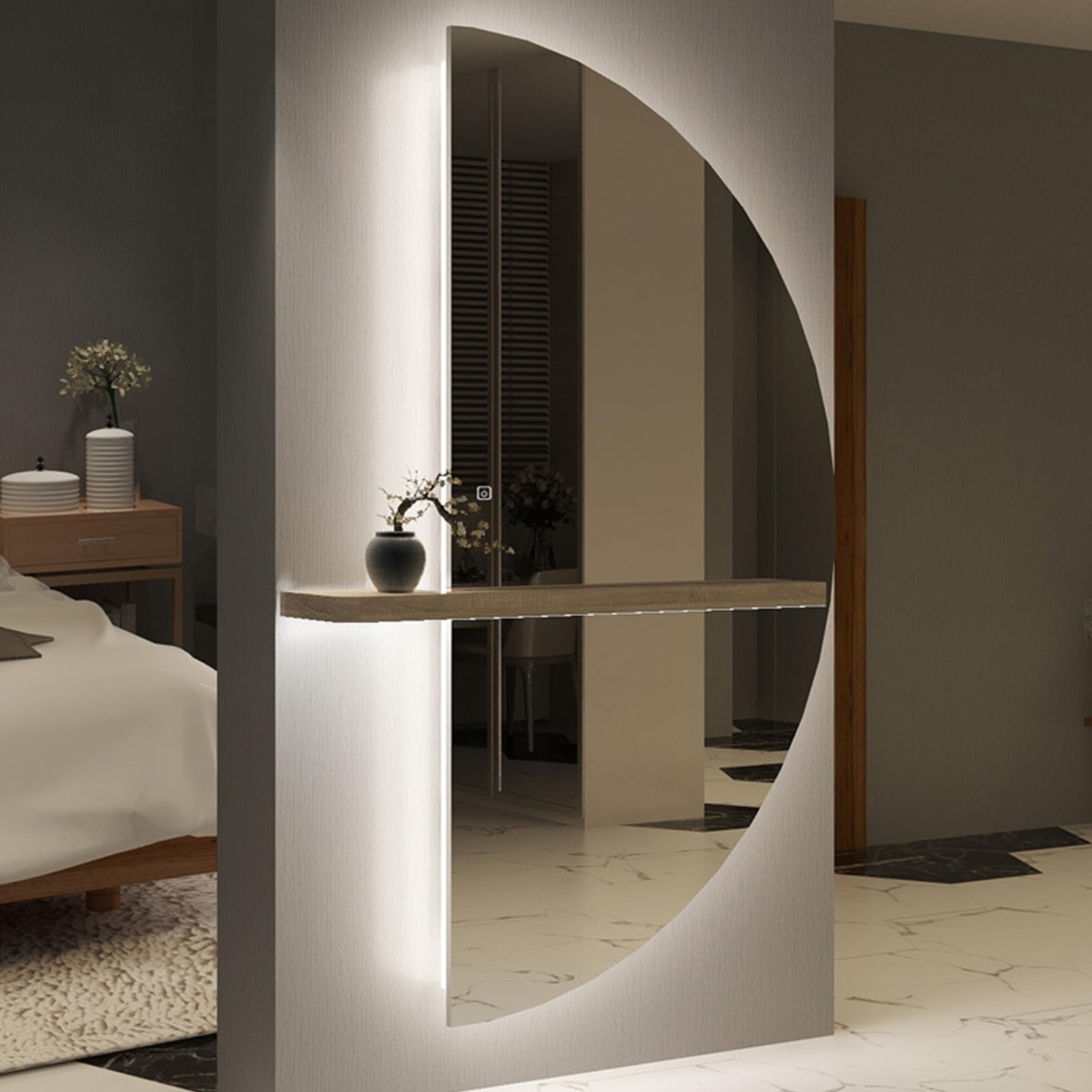 Smart Mirror - Espejo de tocador de longitud completa para montaje en pared, 45 x 90 cm, para baño, maquillaje y peluquería, espejo semicircular grande multifuncional