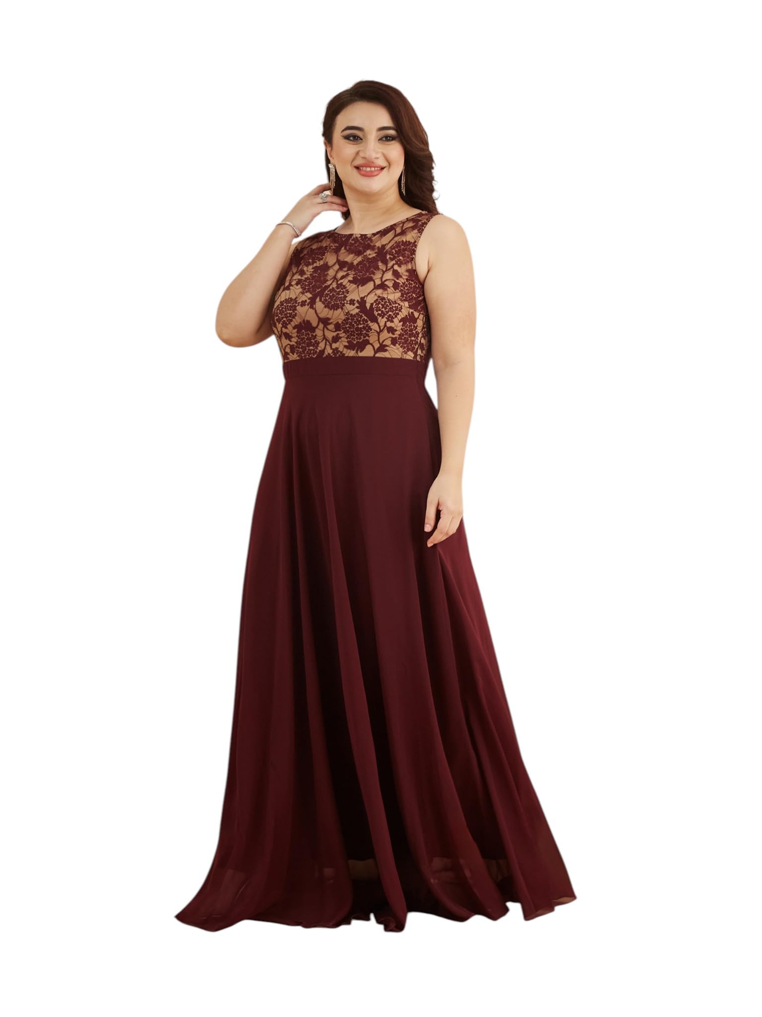 miss chase a+ Women's Round Neck Sleeveless Georgette Floral Lace Fit Flare Maxi Dress-picture-27