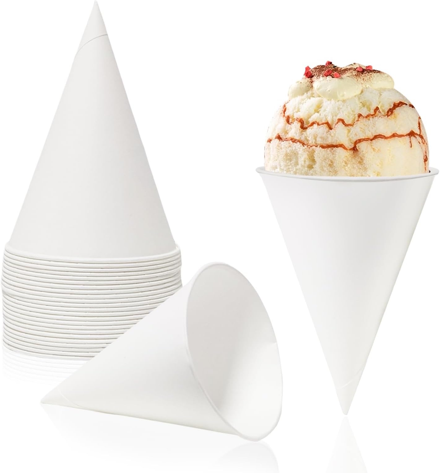 6 oz Snow Cone Cups, 50pc White Paper Cone Cups Wax Coated Leakproof Cone Paper Cups For Water Ice Cream and Shaved Ice (50)