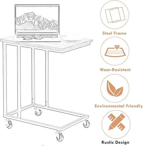 Miniatura 7 de CHEFJOY Mesa auxiliar móvil, mesa auxiliar en forma de C con ruedas y marco de metal, mesa auxiliar industrial para sala de estar, dormitorio