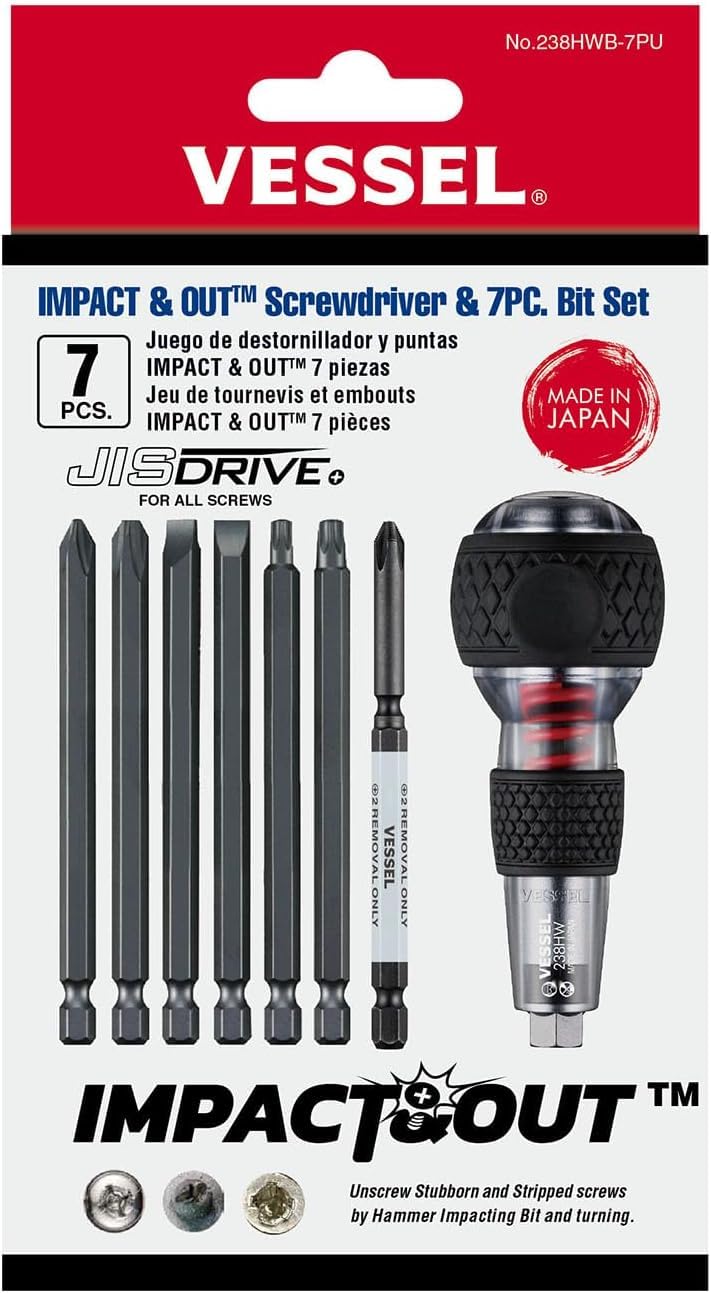 USA Official) Impact & Out Screwdriver with 7pcs bits and