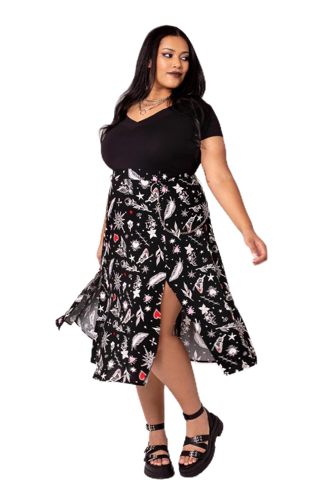 Hell Bunny Women's Midi Skirt Black Viscose Tattoo Print L