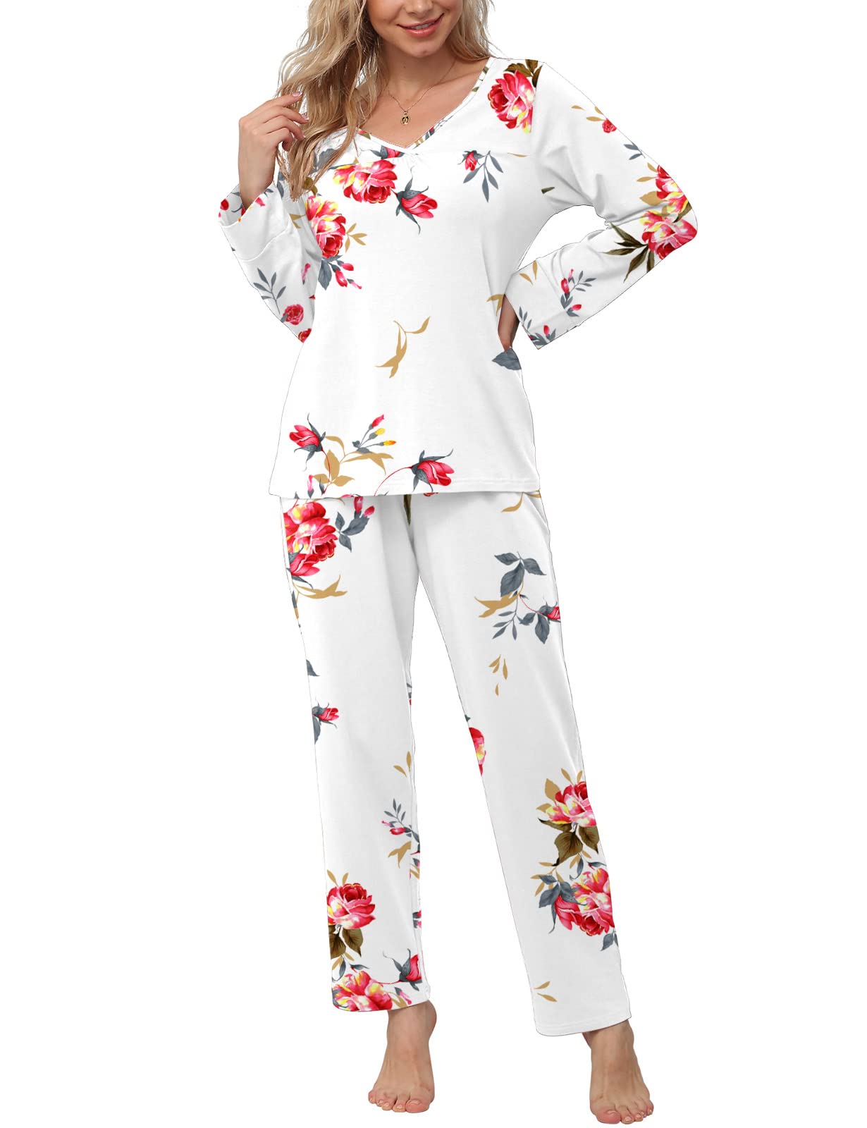 POKWAI Fall Winter Womens Pajama Sets Soft Comfy Long Sleeve Tops and Pants with Pockets 2 Piece Pj Sleepwear