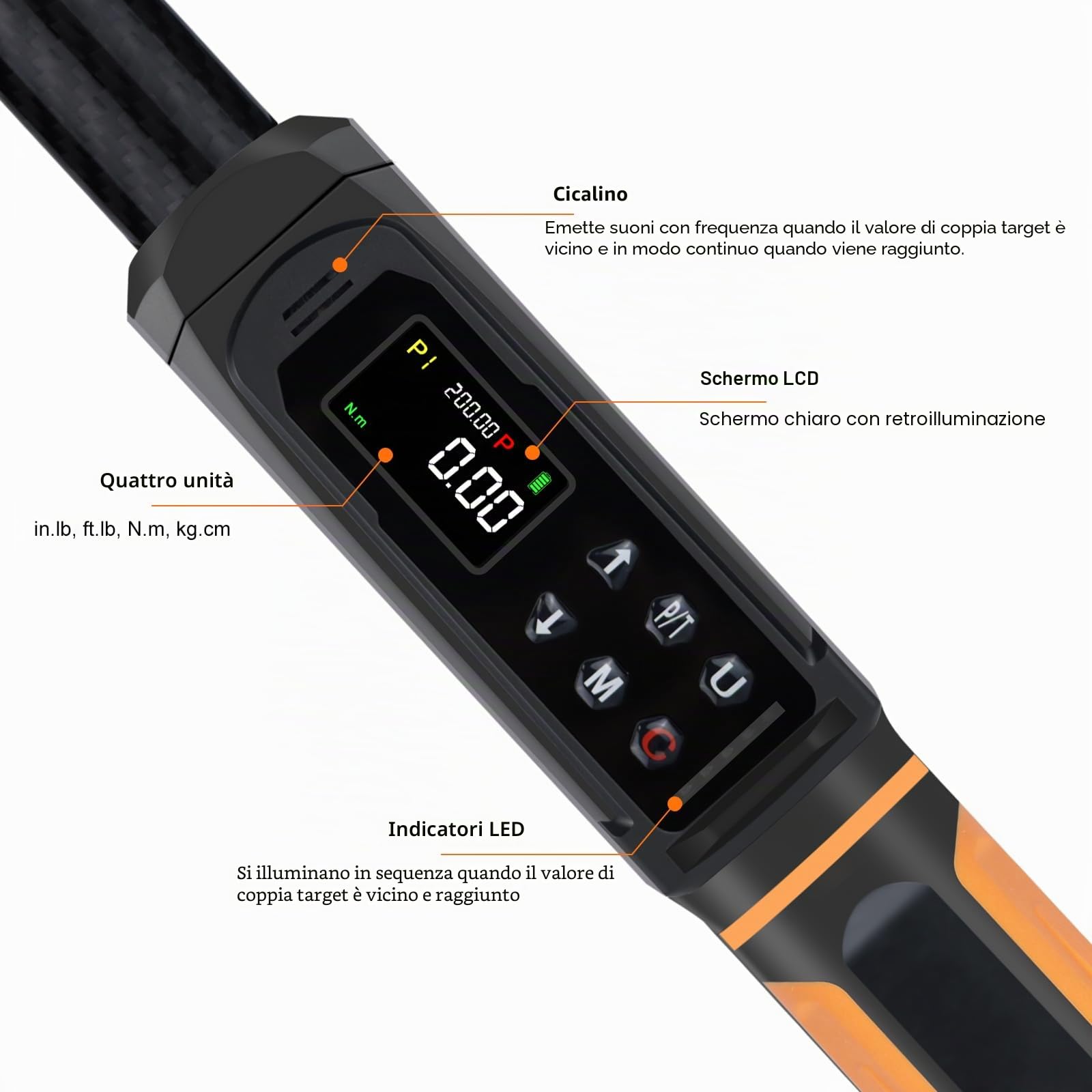 Uharbour Chiave Dinamometrica Digitale 1/2" Drive con Corpo in Fibra di Carbonio, Gamma 3-200 Nm, Precisione ±2% con Vibrazione, Cicalino e Allarme LED, Adatta per Auto, Moto e Bicicletta