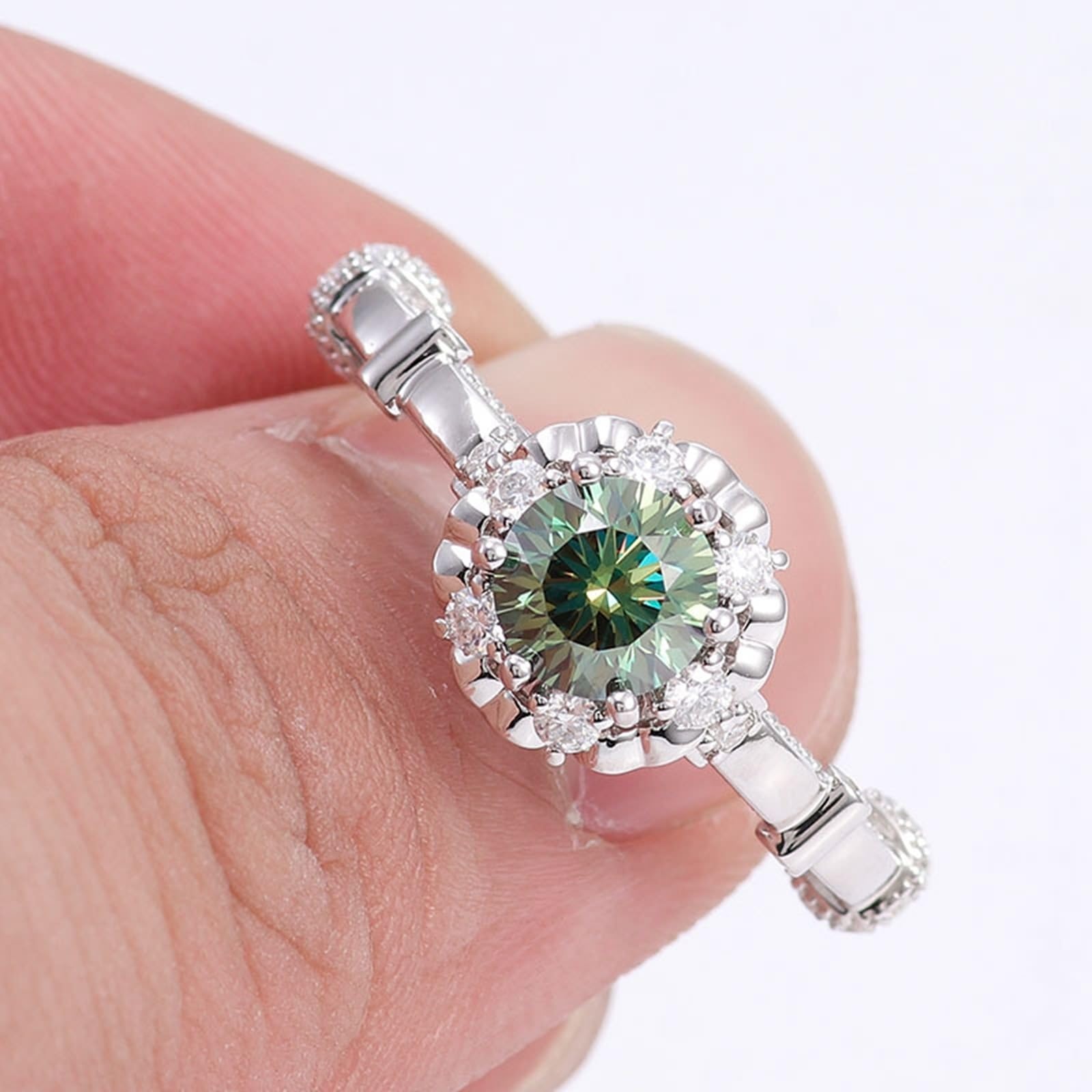 Wycian Anelli da donna eleganti anelli dell'amicizia in oro bianco 9 k moissanite con verde moissanite rotondo, misura 45 (14,3), eleganti personalizzabili per zia San Valentino