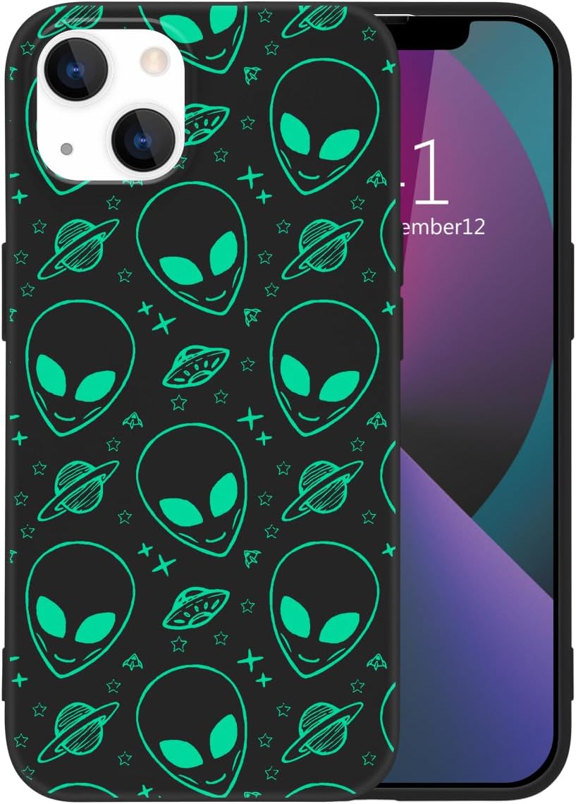 MAYCARI Funny Alien Phone Case for iPhone 14, Black Liquid Silicone Girly Cases, Aesthetic Soft Gel Rubber Full-Body Protective Microfiber Lining Shockproof Cover for Boys, Women, Men