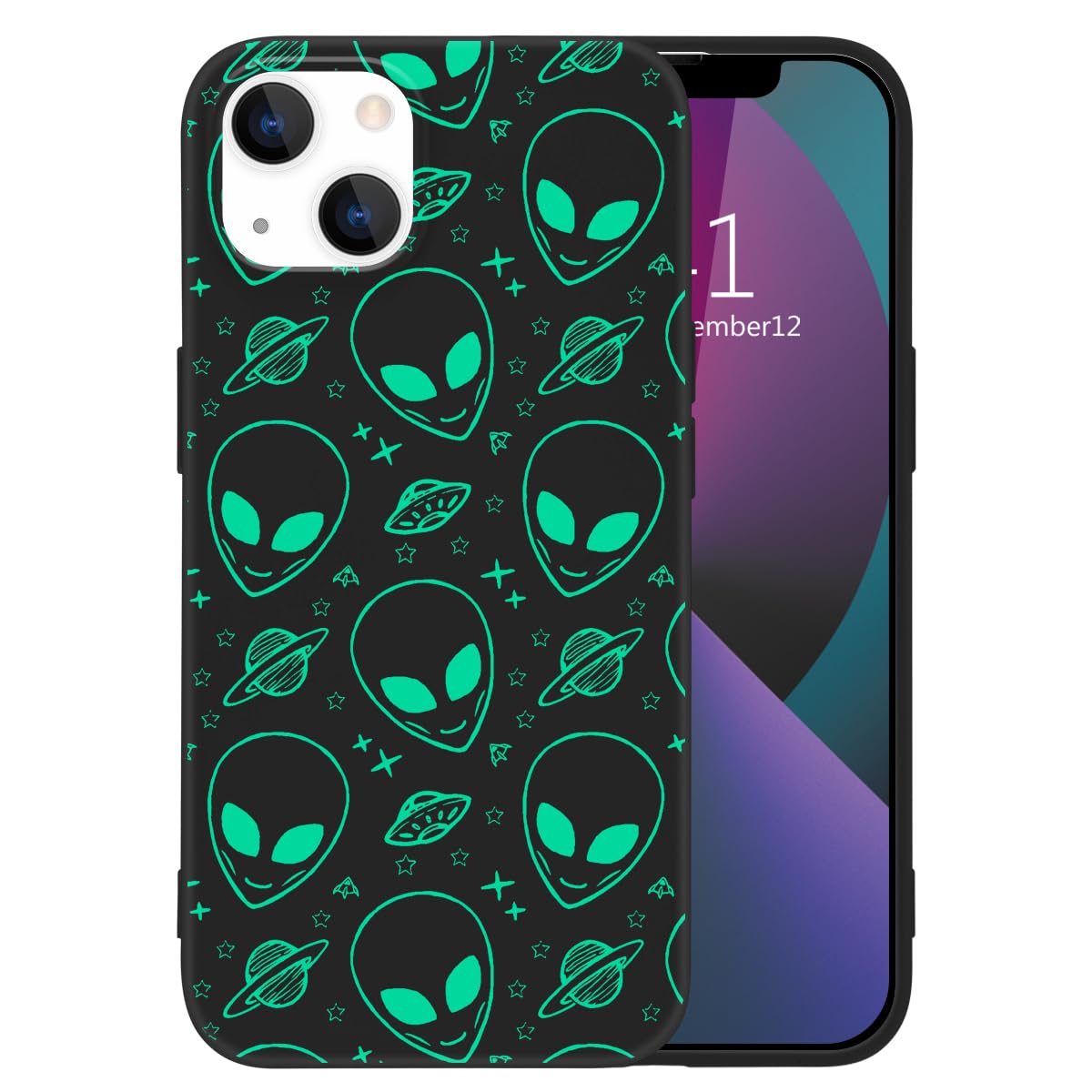 MAYCARI Funny Alien Phone Case for iPhone 14, Black Liquid Silicone Girly Cases, Aesthetic Soft Gel Rubber Full-Body Protective Microfiber Lining Shockproof Cover for Boys, Women, Men