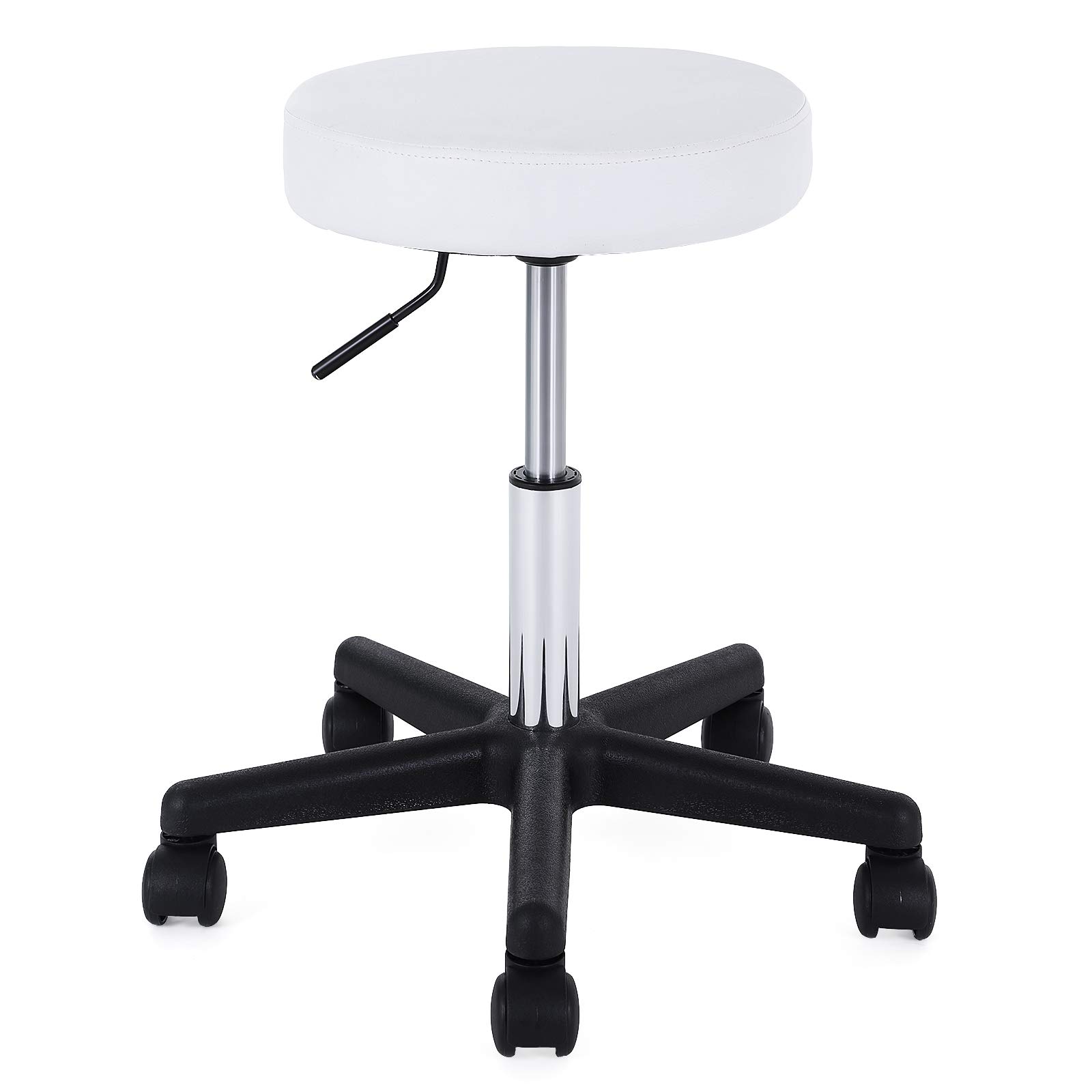 SONGMICS Swivel Stool on Wheels, Adjustable Rolling Stool, 46-58 cm, Upholstered Seat Covered in Synthetic Leather, Work Stool for Beauty Studio, Office, Clinic, White LJB61WUK