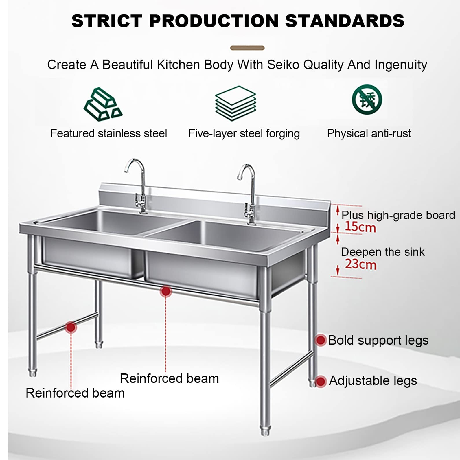 Lavello da cucina industriale con rubinetto Lavello da cucina industriale per ristoranti Catering e lavanderia Design durevole per uso interno/esterno di grado commerciale Facile da installare.