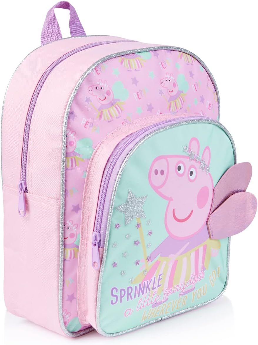 Peppa Pig Kids Backpack, Girls 3D Wings School Backpack With Glitter, Children School Bag, Nursery Or Preschool Bag, Kids Toddlers Travel Bag, Pink, 31cm x 24.5cm x 9cm