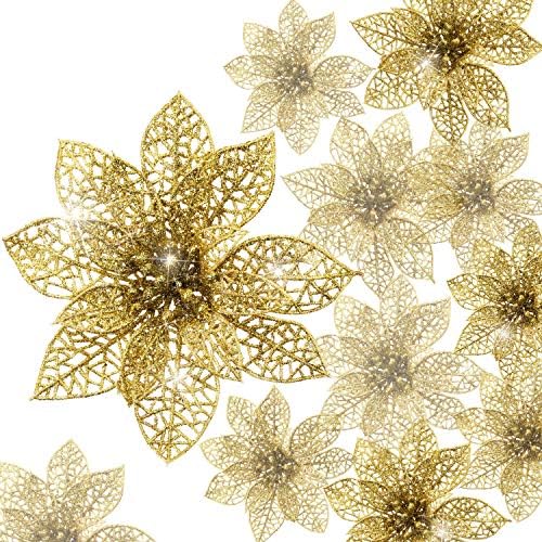 Boao 24 Pieces Glitter Poinsettia Christmas Tree Ornament Christmas Flowers Decor Ornament, 3/4/6 Inches (Pink)