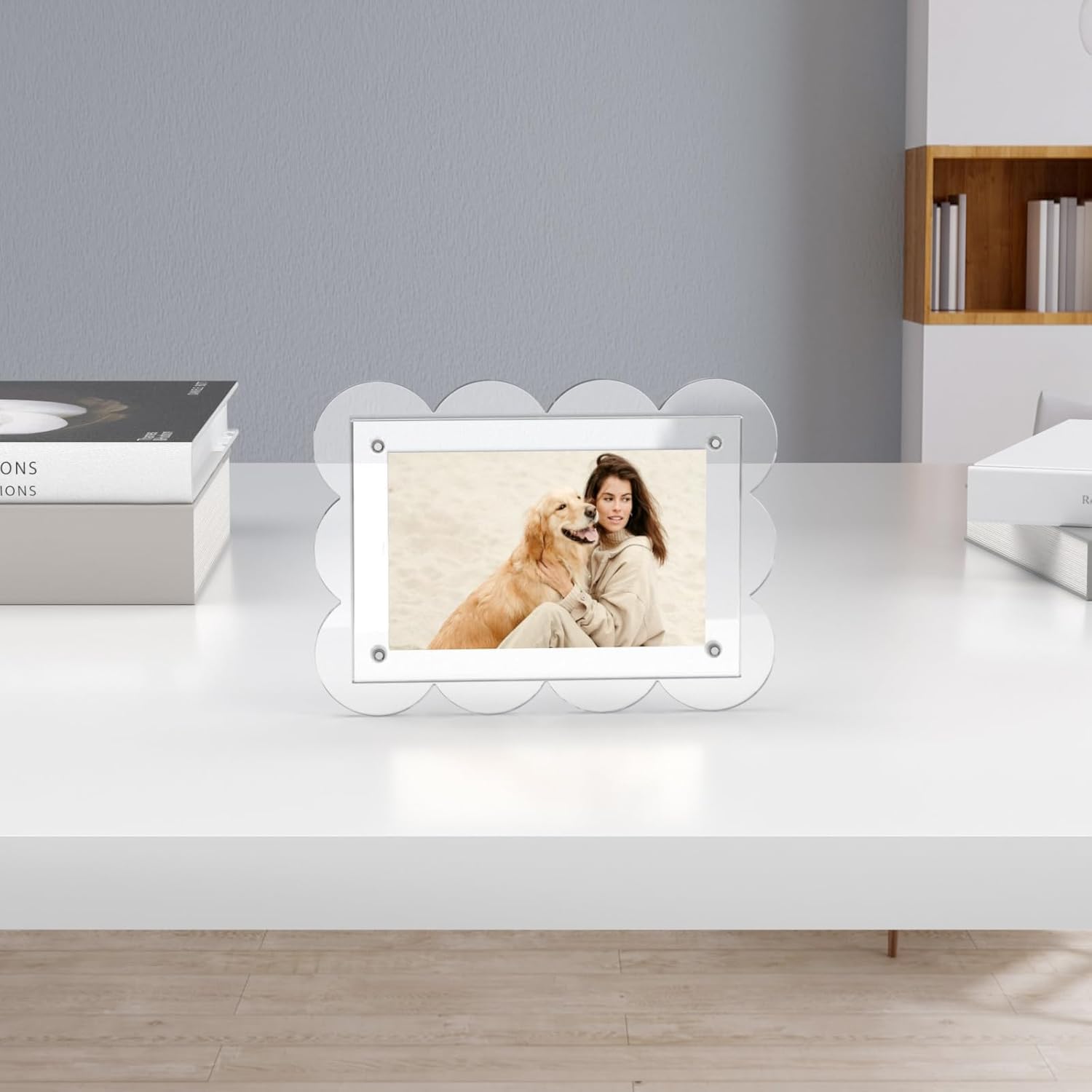 PICASSO SIGNAGE Acrylic Picture Frame 1 Pack | Magnetic Clear Photo Frames with Stand | Scalloped Lucite Plexiglass Floating Frames for Desktop Vertical or Horizontal Display (4x6 Only frames) 1