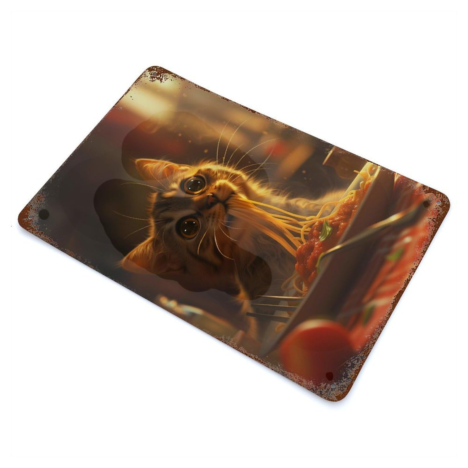 Rust Effect Kitty Eating Spaghetti Aged Metal Wall Plaque 11.8"x7.9", Farmhouse Wall Decor for Office, Studio And Wall Decor