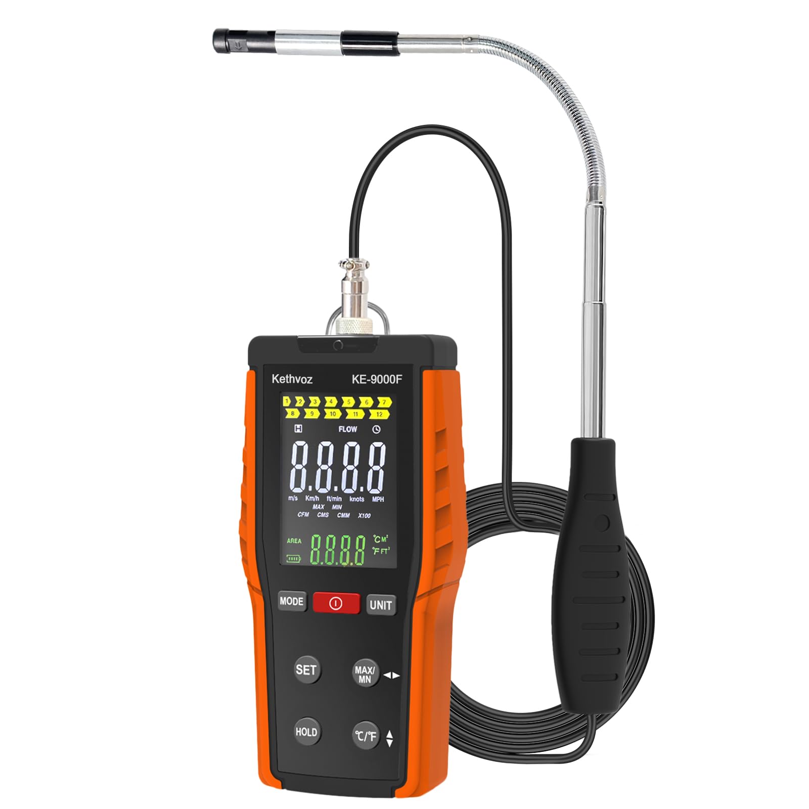 Windmesser, Thermisches Anemometer für Windgeschwindigkeit, Temperatur, Volumen, Kethvoz HVAC Windmessgerät, 0-999900 ft³/min CFM/CMM, 0.1-30M/s, mit Hitzdrahtsensor, Max/Min/Data Hold