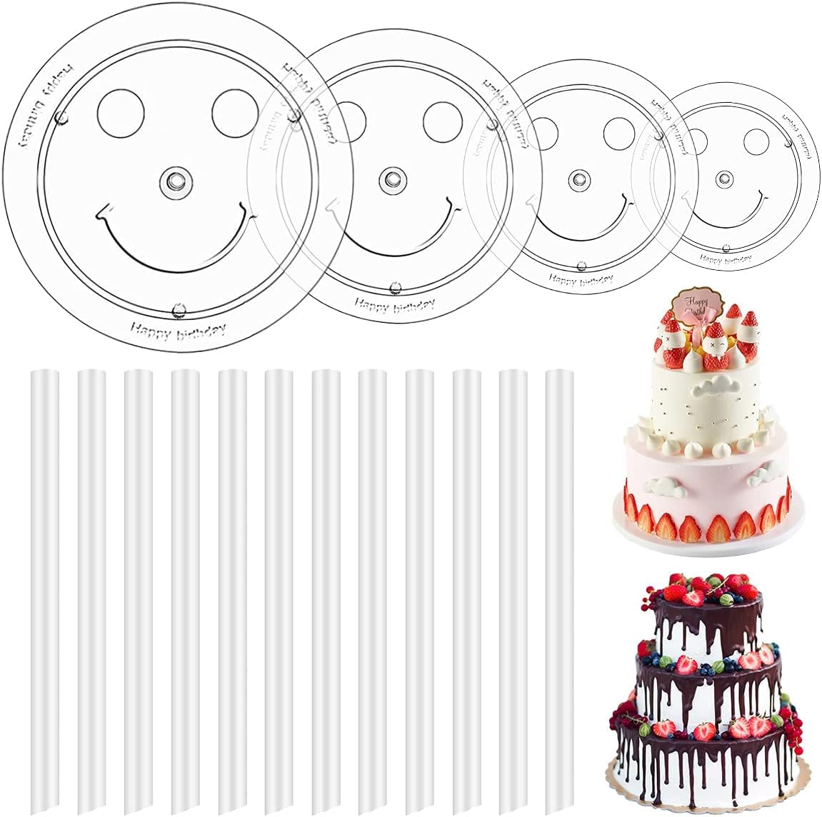 Rainmae Cake Dowel Rods Set,12 Pcs Cake Dowels Rods with 4 Pcs Cake Boards (4, 6, 8,10 Inch) Cake Dowels for Tiered Cakes, Plastic Cake Support Rods for Wedding Cake Construction and Stacking