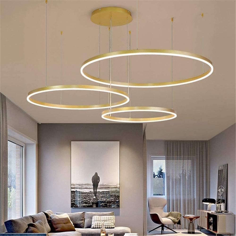 FZQSXAZU Modern LED Ring Pendant hts, Dimmable Living Room Aluminum Chandelier with Remote Control, Dining Ceiling hts Metal Acrylic Hanging Lamp,Gold,60+80+100CM