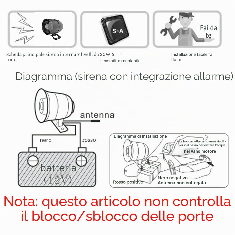 Riloer 12V 20W Cw-8110 Sirena di allarme antifurto per auto, clacson di sicurezza automatica con telecomandi, per sistema di chiusura centrale modificato pneumatico elettrico