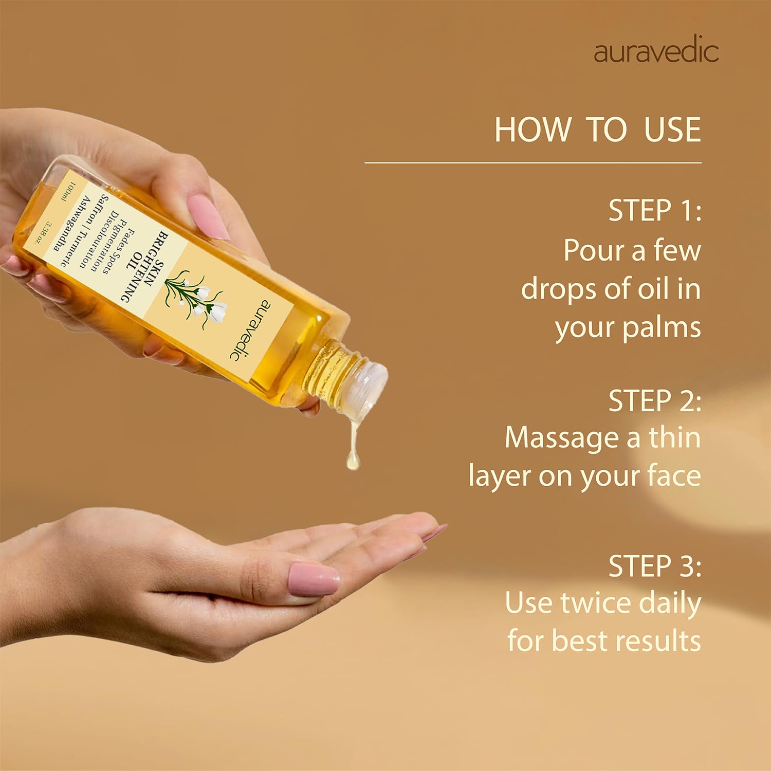 Auravedic Skin Brightening Oil for Face, Turmeric Oil for Skin Lightening with Saffron, Ashwagandha & Vitamin E, Ayurvedic Formula for Dark Spots, Uneven Skin Tone & Natural Glow, 3.38 Fl Oz