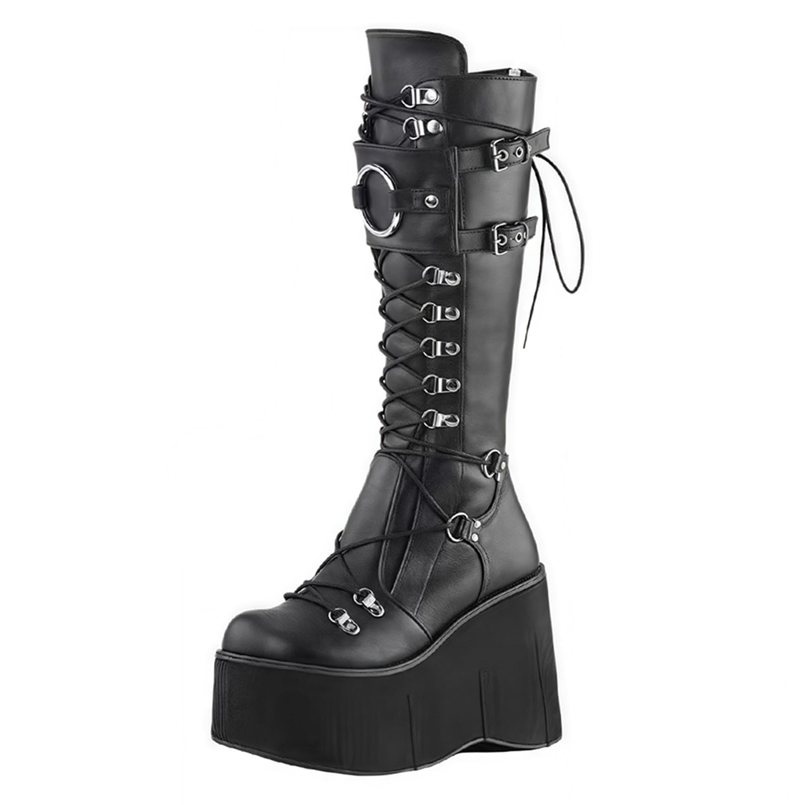 Bottes De Combat Femmes Talon Épais Gothique Punk Plateforme Rave Avec Décor Métallique Semelle Compensée Bout Rond Mi Mollet Ou Genou Chaussures Moto Pour Halloween Festivals Musique Cosplay