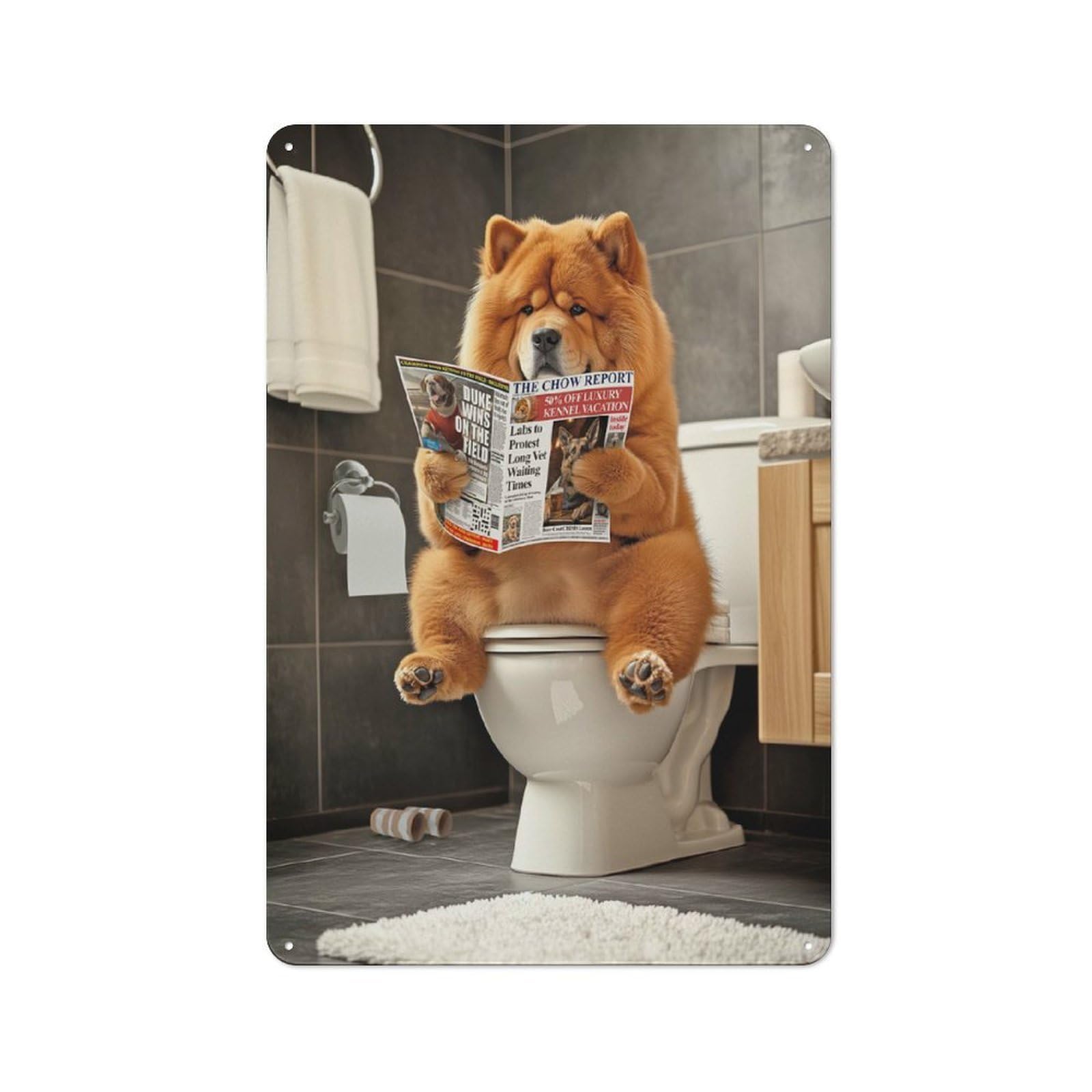 Rustic Tin Sign 30x20cm Featuring Chow Chow on The Toilet for Living Room Wall, for Room Styling Across Living Rooms And Feature Walls