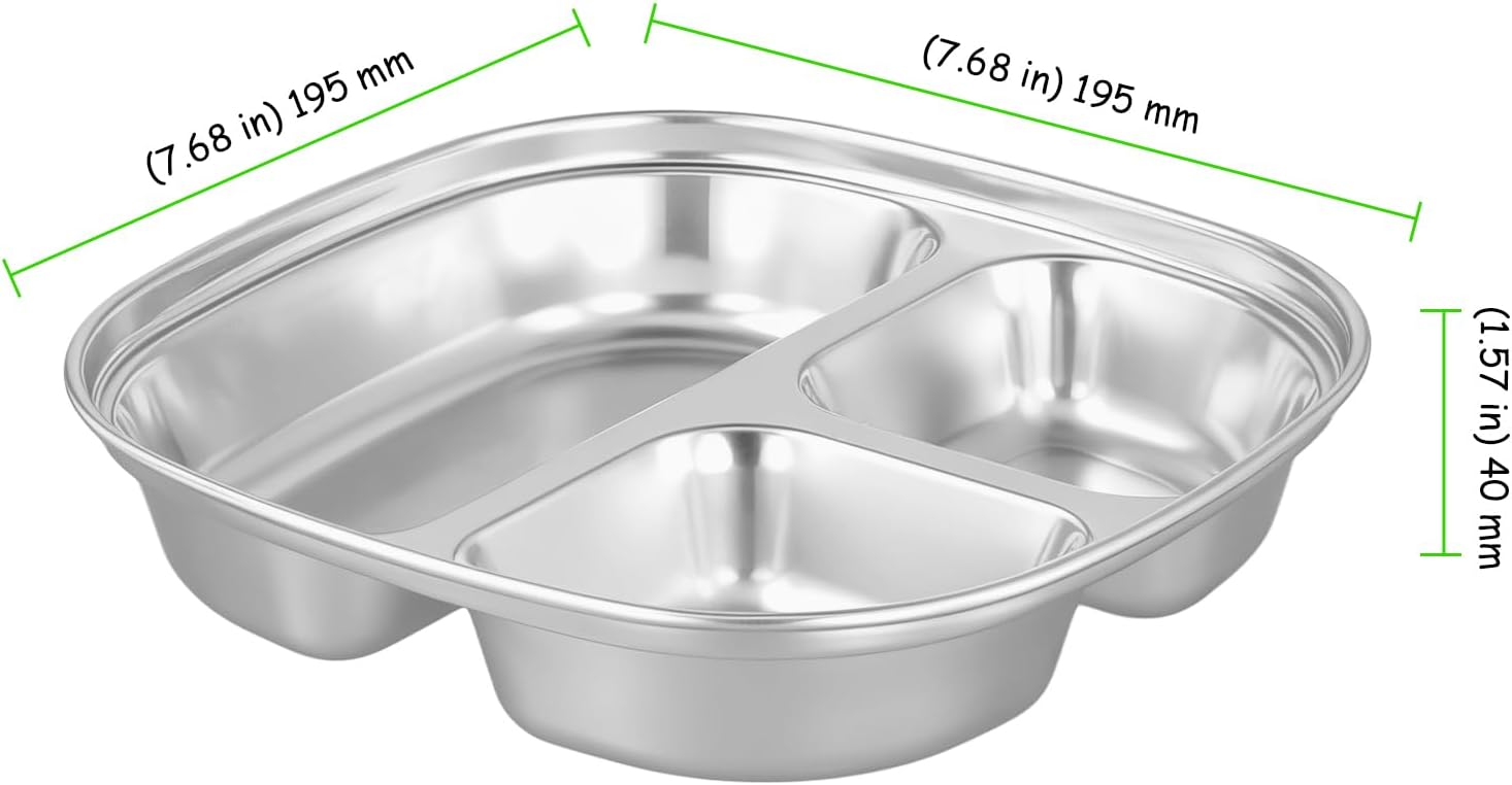Set of 8 Stainless Steel Divided Plates, Metal Portion Control Plate, 3 Compartment Metal Trays for Lunch Dinner Snack Home School Camping, Dishwasher Safe, Silver - Image 2