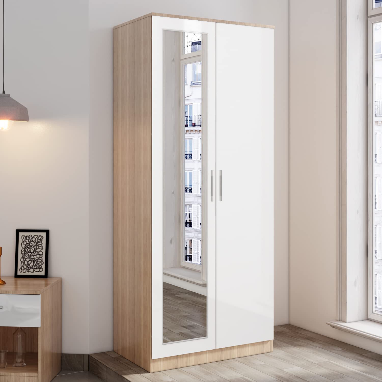 ELEGANT 2 Door Wardrobe with Hanging Rail and Full-length Mirror High Gloss Bedroom Furniture for Home Bedroom, 5 Colors Available