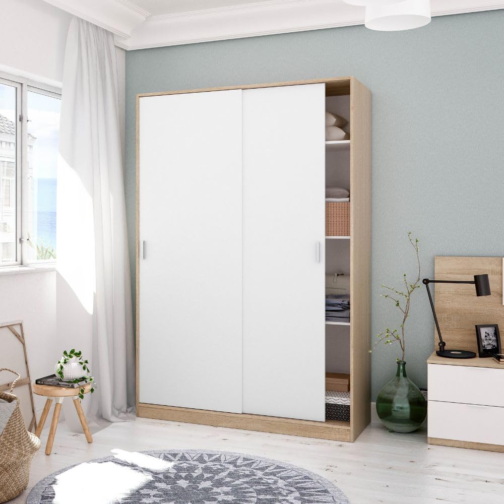 Mobelcenter – Armario 2 Puertas Correderas – Armario Matrimonio o Juvenil - Acabado Color Blanco Artik y Roble Canadian – Medidas: Ancho: 120 cm x Fondo: 50 cm x Alto: 200 cm - (1411)