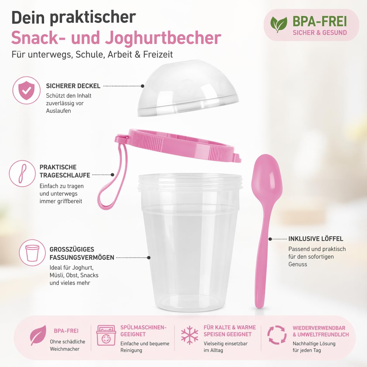 Set di 4 bicchieri per cereali, pratici bicchieri per yogurt da go, suddivisori per yogurt e cereali, corn flakes to Go,%100 senza BPA, perfetti per scuola e ufficio, contenitore per frutta, con