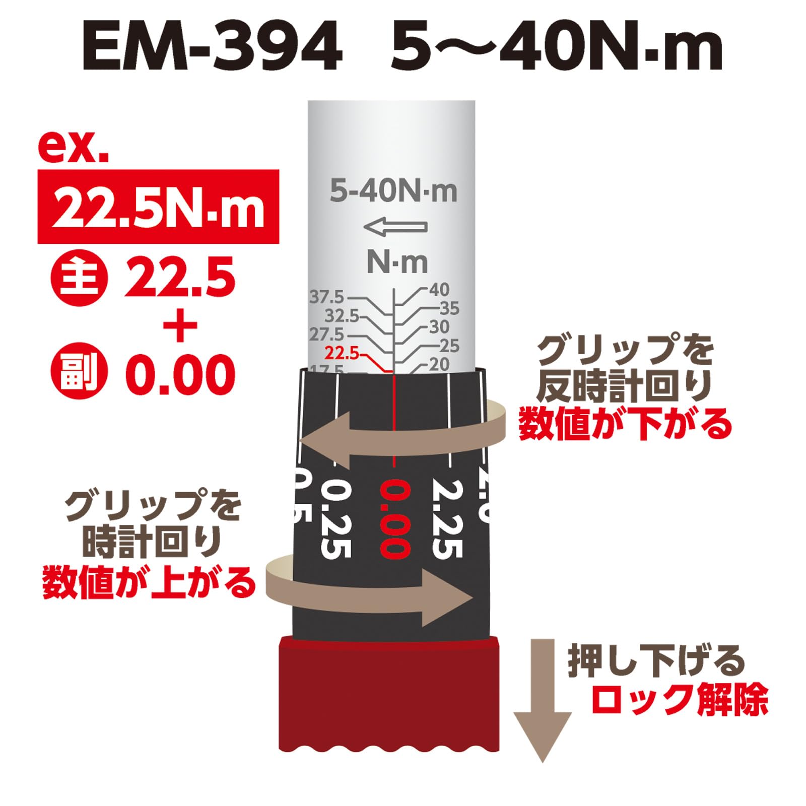 Emerson Llave dinamométrica EM-394 para un fácil ajuste del par, tipo de anillo de bloqueo, ángulo de inserción, 0.25 pulgadas (1/4 pulgadas), 5-40 Nm, alta precisión, ±3%, 72 velocidades, certificado