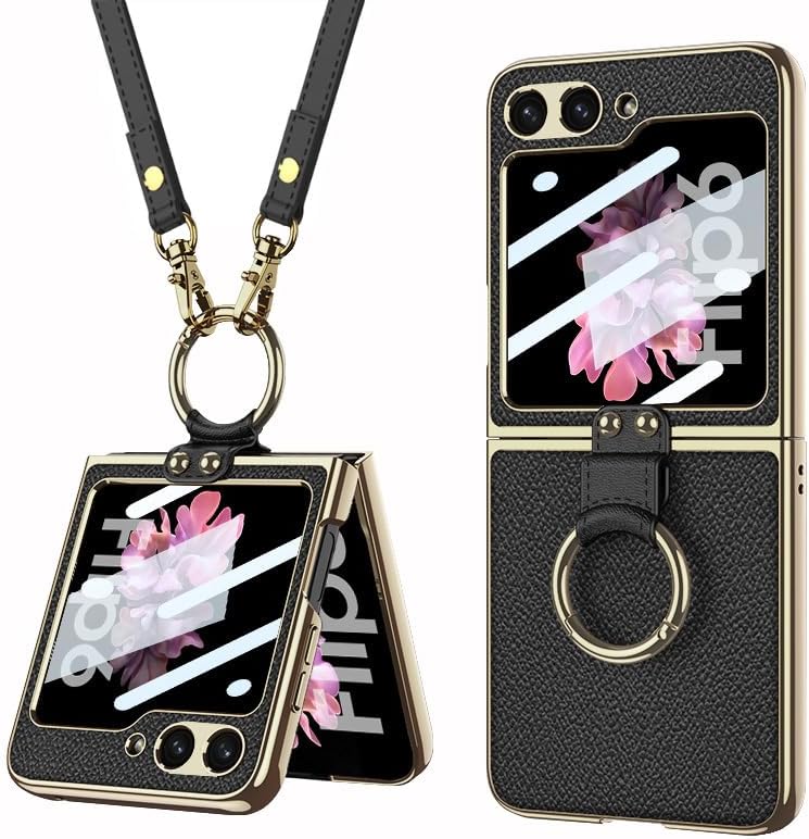 Folding Leather Case for Samsung Galaxy Z Flip 6/5, Mobile Phone Shell for Z Flip6/5 with Strap, Creative Women's Screen Protective Cover with Electroplating Ring Bracket (Black,for Flip 5)