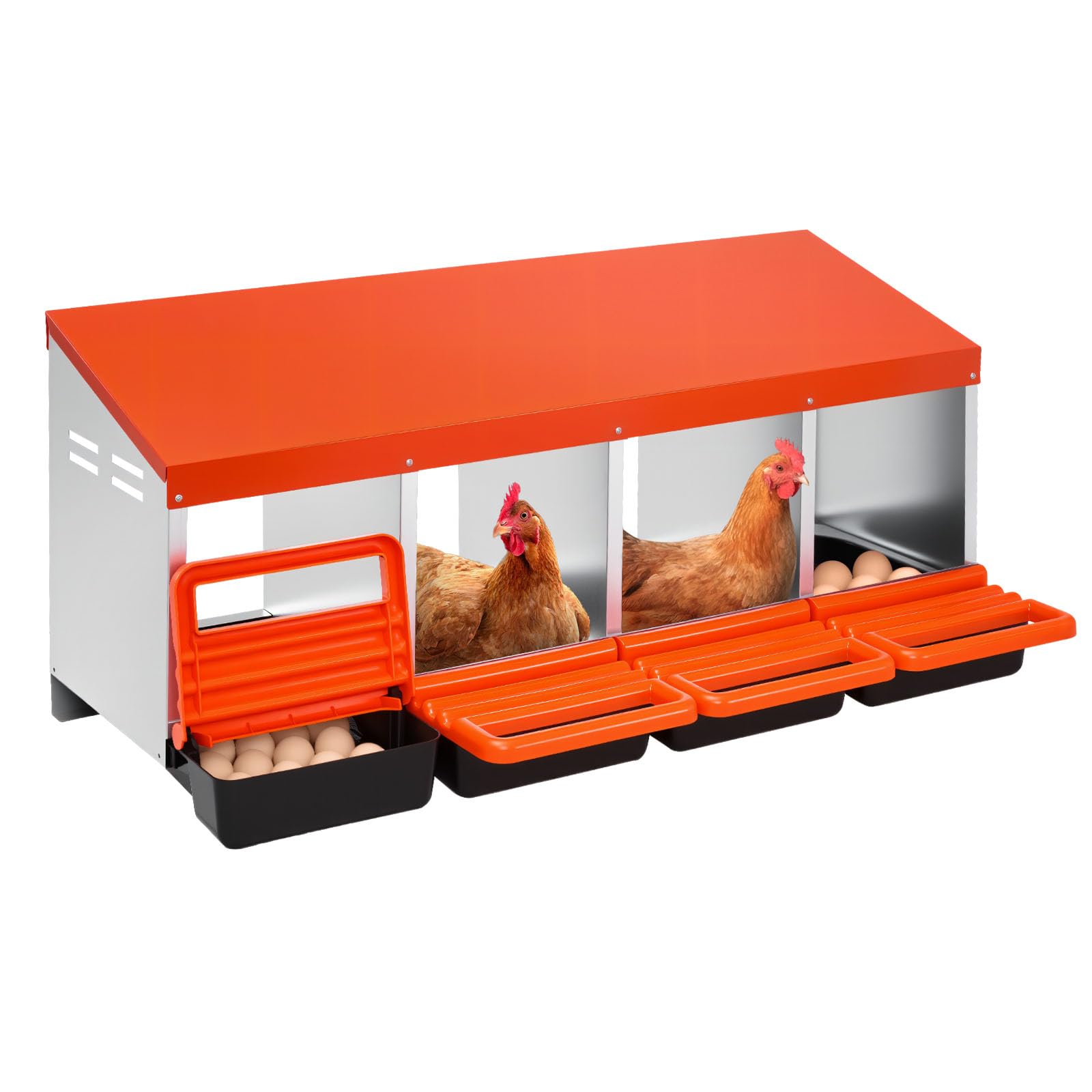 VEVOR Nidi per Galline a 4 Scomparti, Scatole per La Deposizione delle Uova in Metallo con Coperchi di Raccolta Protettivi, Nido Estraibile, Facile da Montare, Ideale per Galline, Anatre, Arancione