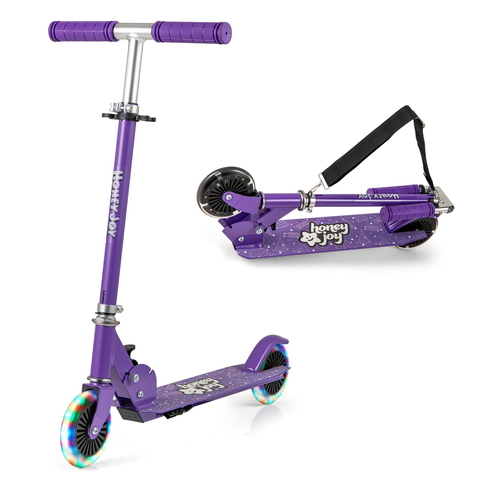 GYMAX Folding Kids Scooter, Height Adjustable Kick Scooter with Light up Wheels, ABEC-5 Bearings & Rear Brake, Anti-Slip Deck, Lightweight Scooters for Boys Girls (Purple)