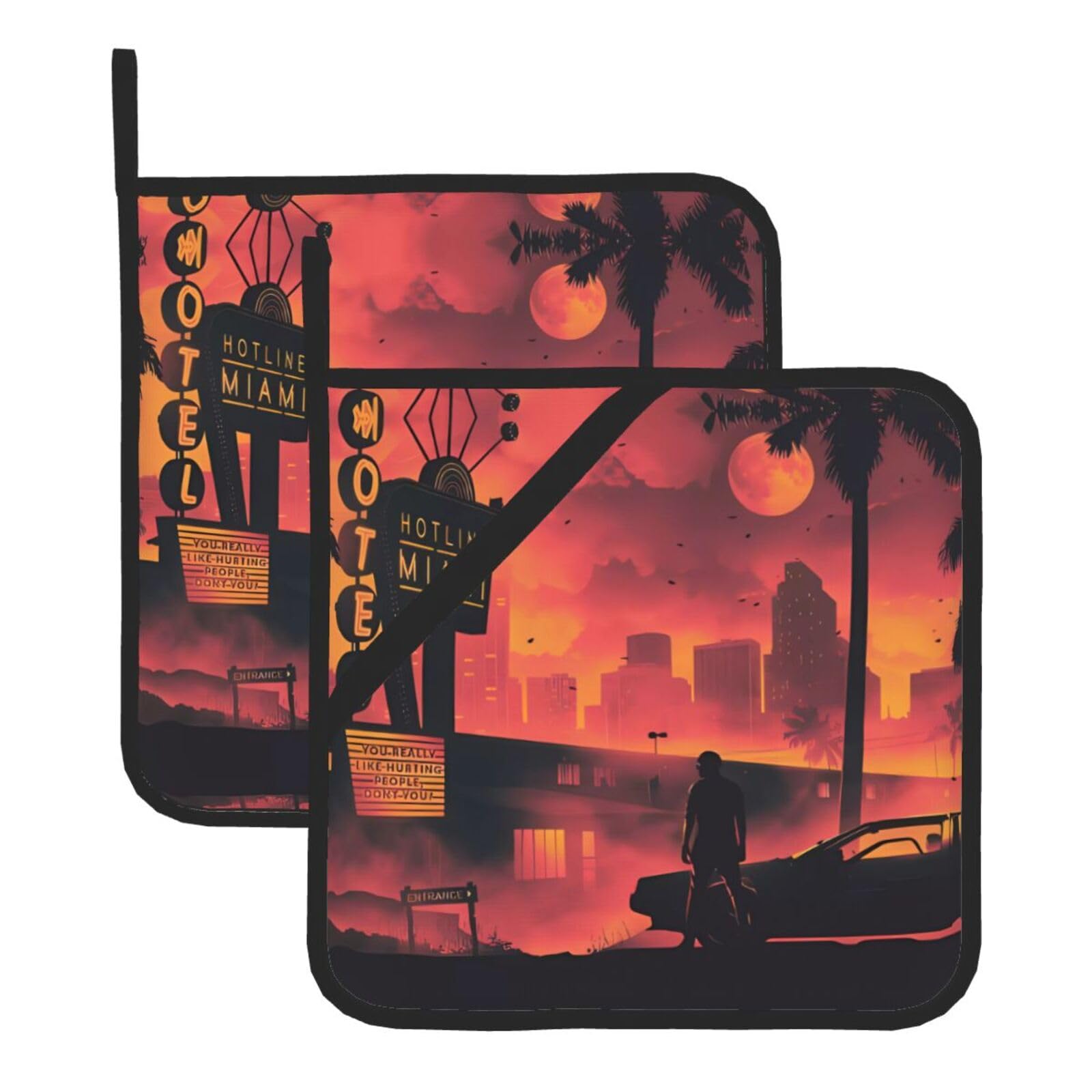 HJFCZH Miami Prints Square Hot Pads for Kitchen Counter - Waterproof Pot Holders, Durable Heat Resistant Throw Layers for Serving, Oven & BBQ - 2 Pack