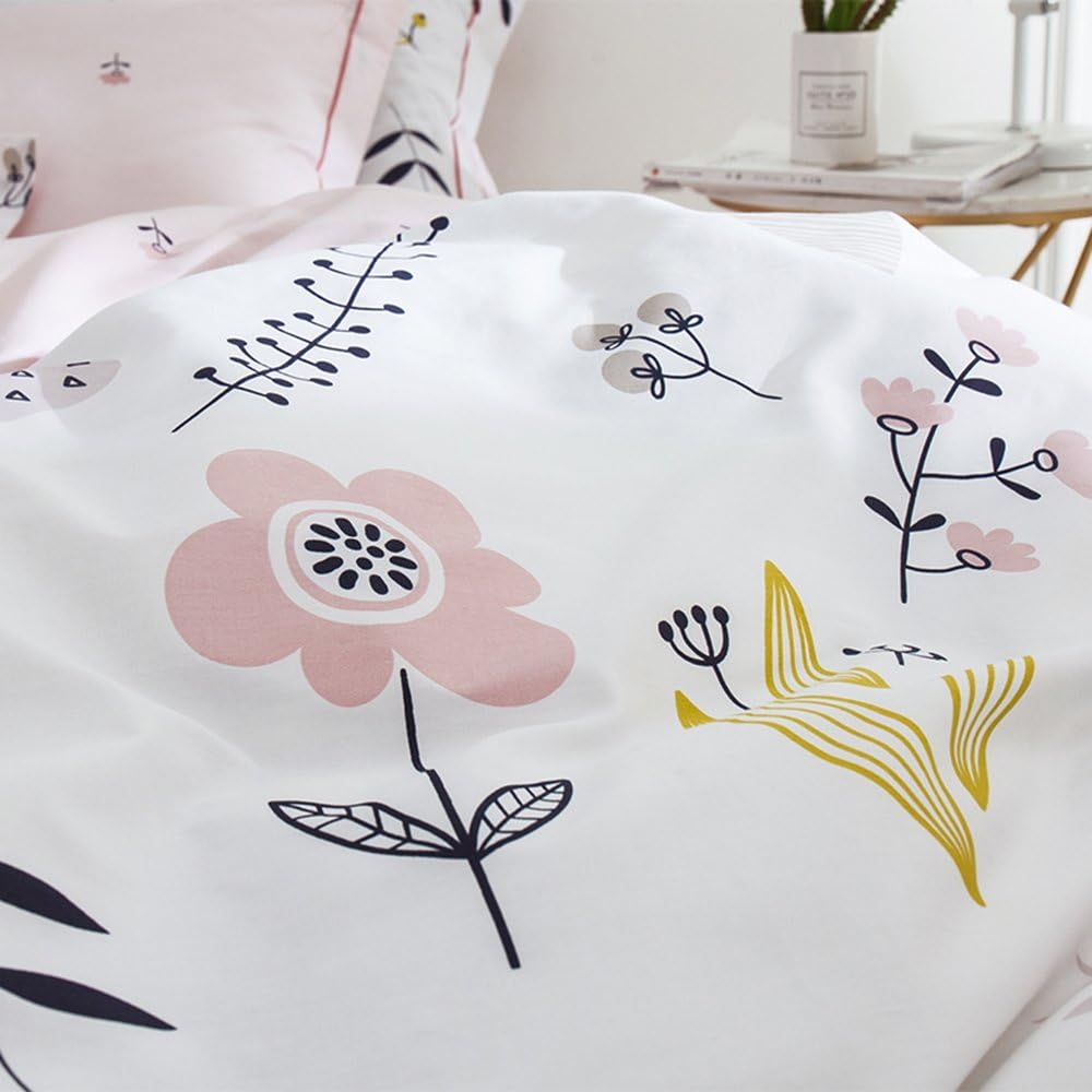 OTOB Twin Duvet Cover Set Cartoon Pink Floral Duvet Cover 100% Washed Cotton Aesthetic Bedding Sets Soft Colorful Comforter Cover Reversible Bedding for Women Kids Girls Teen