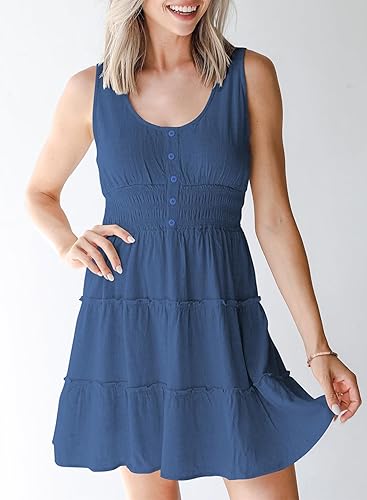 Miniatura 3 de Dokotoo Vestidos de verano para mujer, sin mangas, con botones, cintura imperio, con volantes, escalonados, casual, mini vestido con vuelo