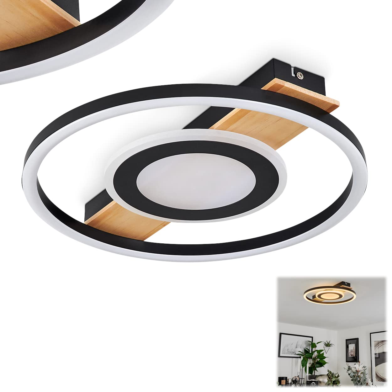 LED Ceiling Light Taboneira, Ceiling lamp Made of Metal/Wood/Plastic in Black/Nature/White, (Ø 38,5 cm) bar Made of Real Wood, 2900 Lumen, 3000K, 1 x LED 22 Watt (incl.)