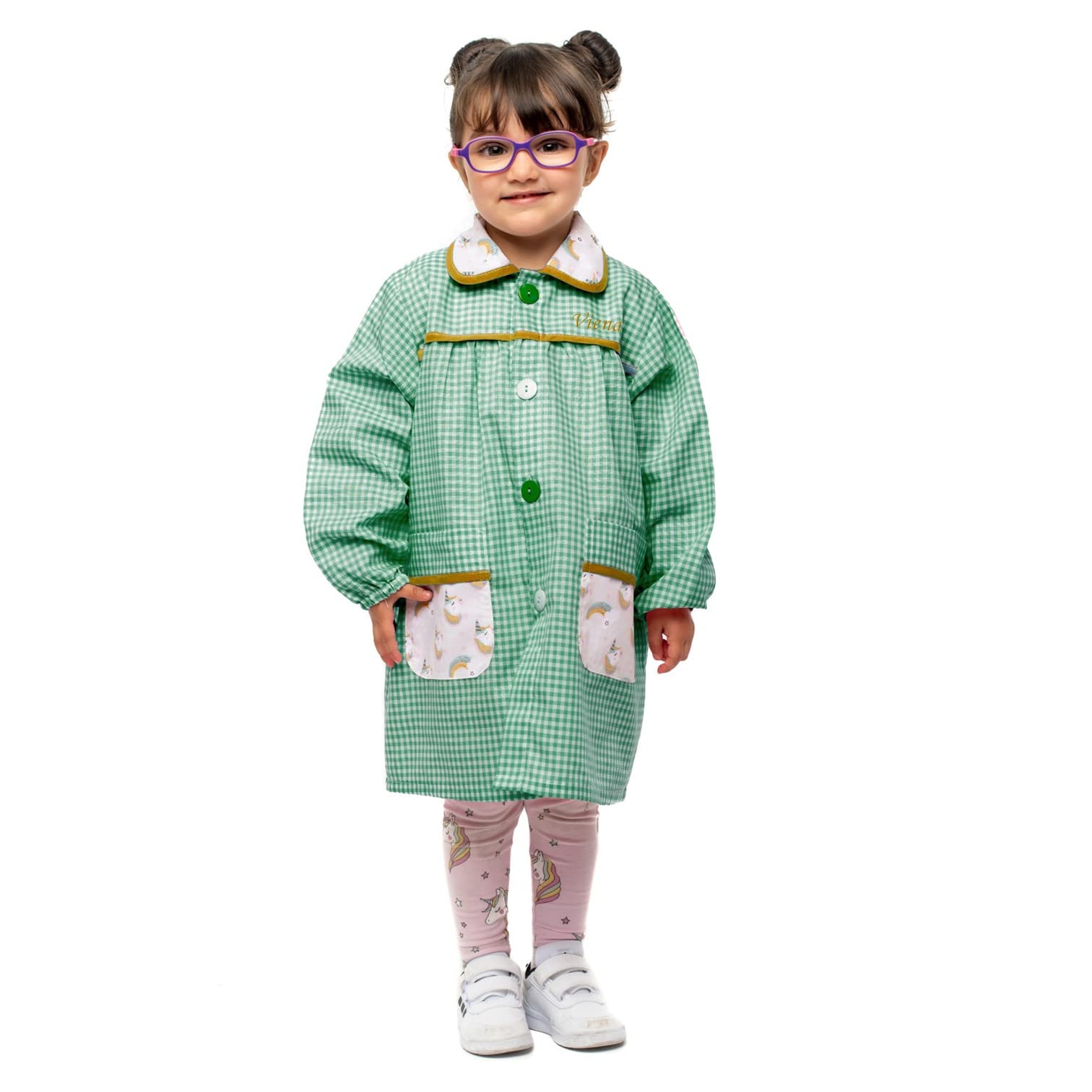 Nenel Conjunto Escolar para Colegio o guardería: Mandilón, babi o Bata Escolar + Bolsa merienda Bordado con el Nombre. Modelo Unicornios