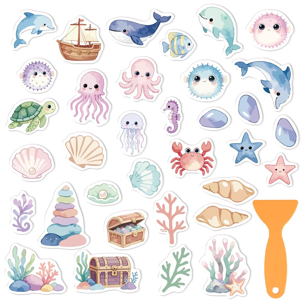 PRESSINART 34Pcs 34 Style Ocean Theme Shower Floor Anti Slip Decals, Bathtub Grip Sticker Sea Animals Boat Treasure Pattern Self Adhesive Safety Stickers with Scraper for Tub Tiles Bathroom Decor
