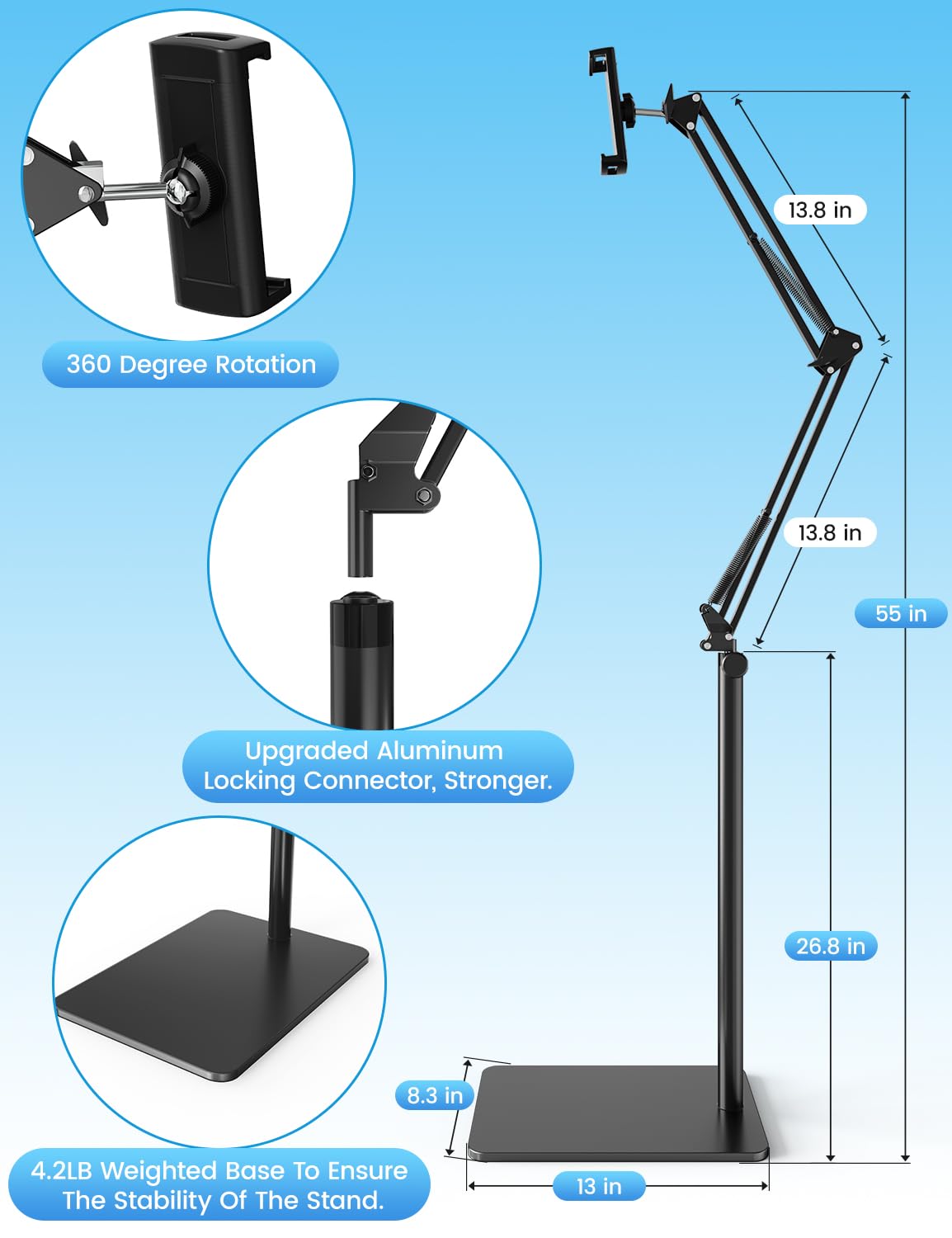 Tablet-Bodenständer mit 1,9 kg Basis, Überkopfbett-Handyständer, winkelverstellbar, Tablet-Halterung, Bett, Handy-Ständer für iPad/iPhoneX/iPad Pro Air Mini, Samsung Tab, Kindle, E-Reader usw