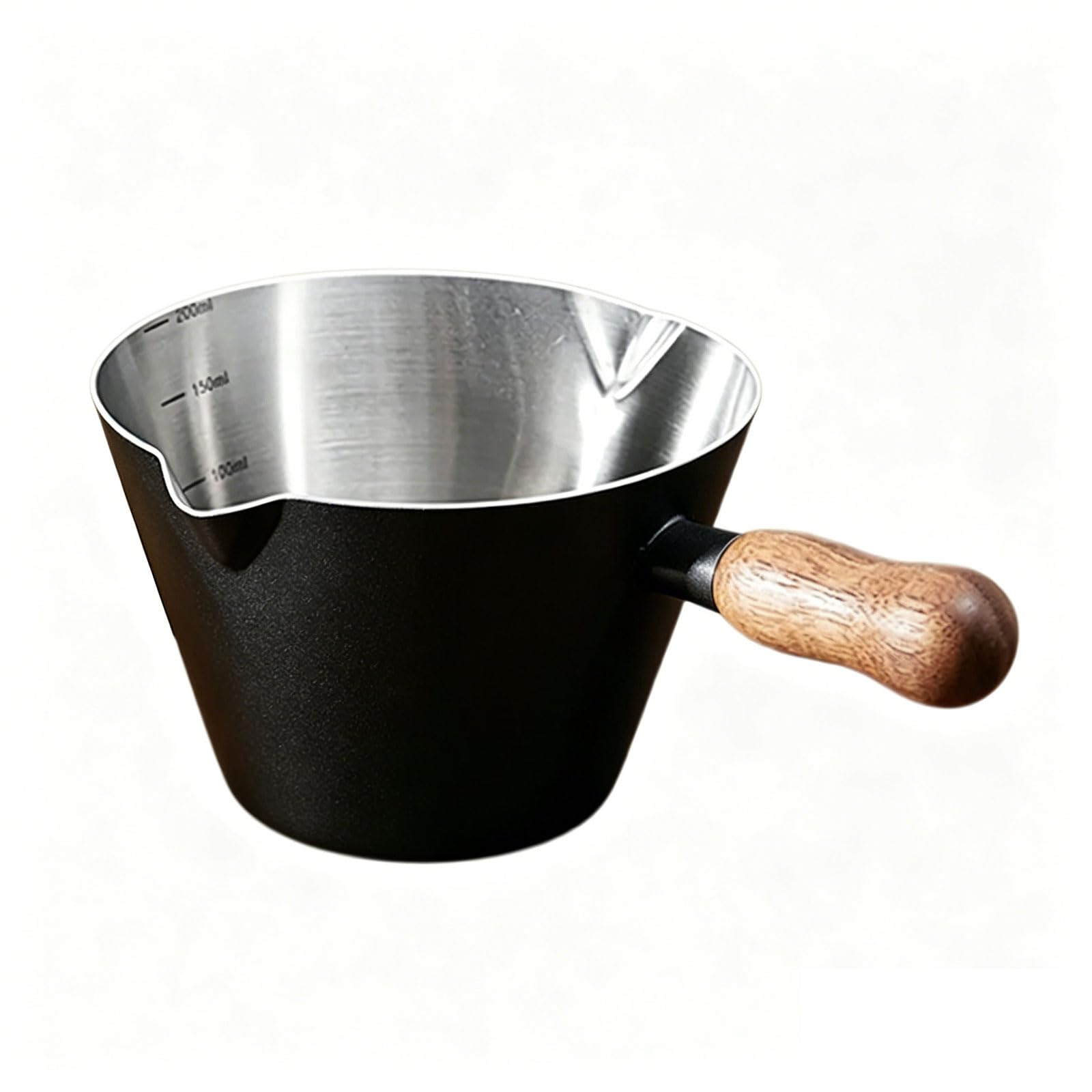Kalttoy Black 100Ml Double Spout Coffee Dosing Cup With Scale And Wood Handle Stainless Steel Espresso Cup For Coffee And Latte Art Measurement