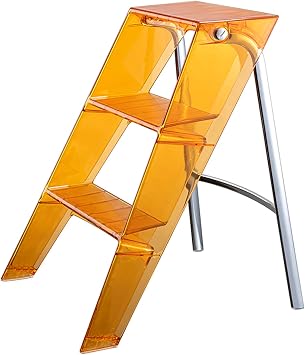 3 Step Ladder, Acrylic Folding Step Stool with Wide Anti-Slip Pedal, Transparent One-Sided Ladder, Stepladder for Kitchen, Pantry, Closets, Or Office, Load Bearing 330lbs Orange