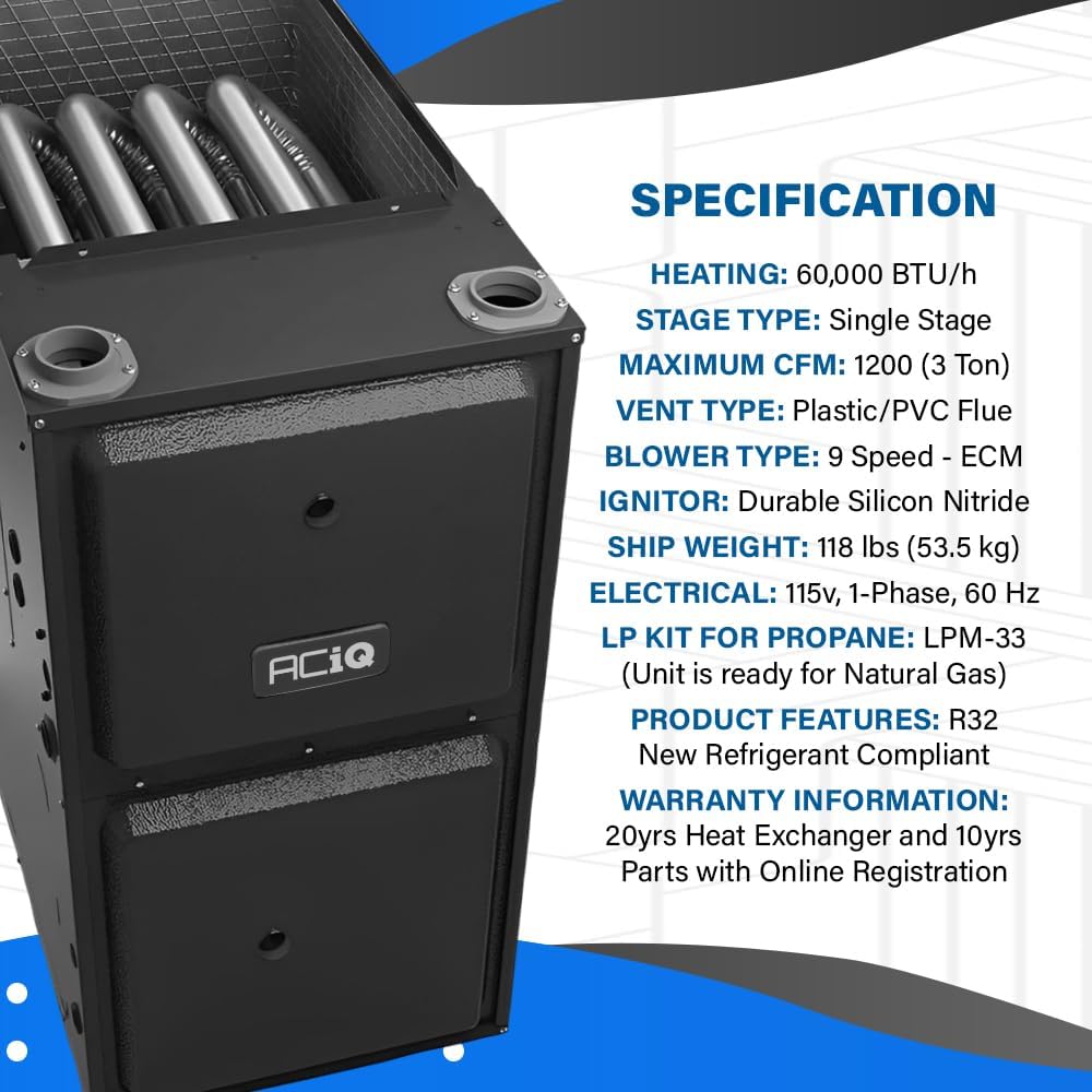 ACiQ 92% 60,000 BTU Single Stage Gas Furnace with LP Kits - 17.5" Width - Upflow/Horizontal | R32, 9-Speed, HVAC Gas Heater