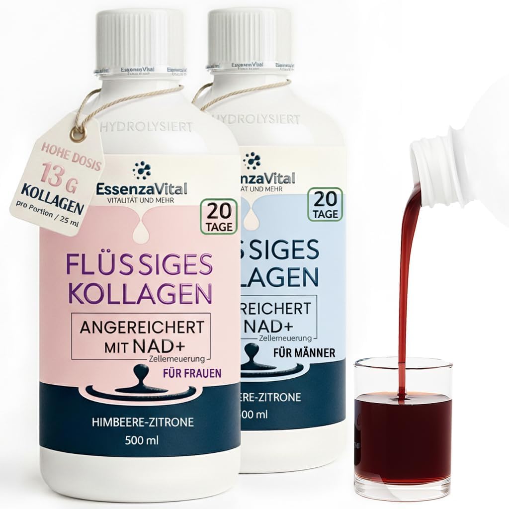 Flüssiges Kollagen Duo-Pack, 13 g reines Kollagen (13.000 mg) mit NAD+, 1 Mann + 1 Frau und Hyaluronsäure, trinkbares hydrolysiertes Rinderkollagen, maximale Dosis, EssenzaVital
