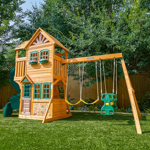 Image of KidKraft Buffalo Crossing Wooden Outdoor Swing Set with Tube Slide | Two-Story Playhouse, Rock Wall, Glider, Faux Stone Facade, Planter Boxes
