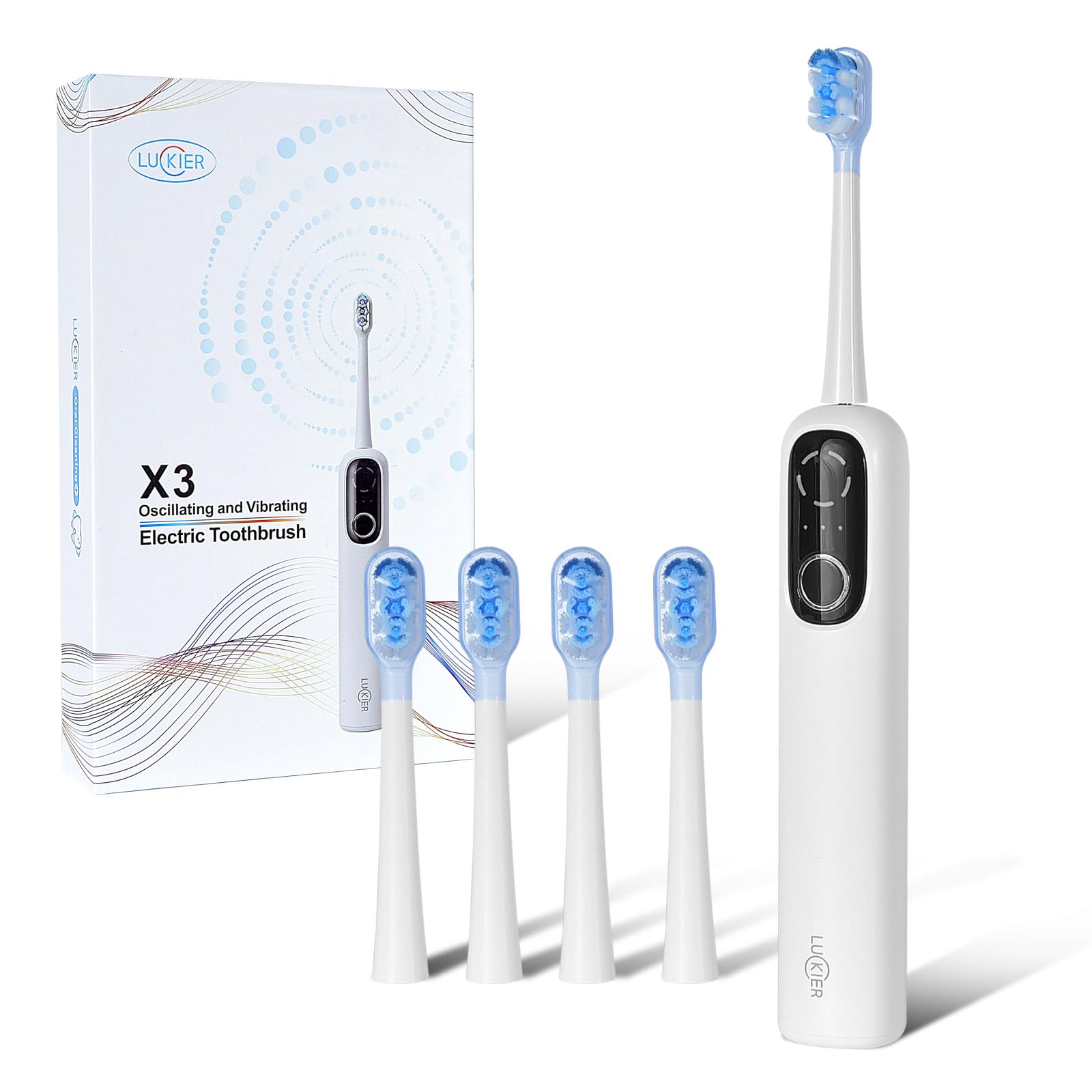 Cepillo de dientes eléctrico de viaje con oscilación y vibración de 60° | Batería de 1500 mAh, 4 cabezales de cepillo, IPX7 impermeable, carga rápida tipo C, 5 modos con temporizador inteligente